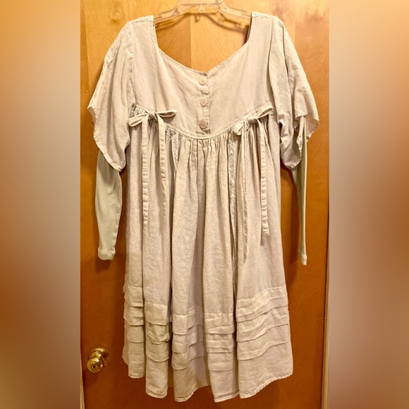 Ewa i Walla Vintage 100% Linen Ivory Dress w Beautiful Lace - Picture 5 of 9